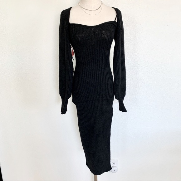 Cider Black Knit Solid Cami Split Midi Sweater Dress & Crop Top 2-Piece Set - Picture 3 of 10